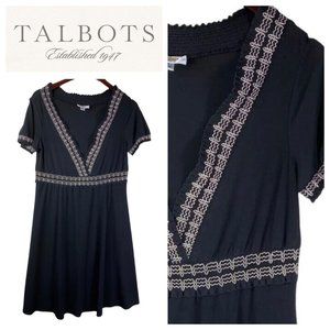 Talbots Medium 8 10 Dress Black Tan V-Neck Slinky Stretch Peasant CHIC